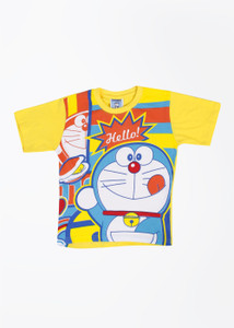 Men's Orange Doraemon Graphic Printed Round Neck Cotton Relaxed Fit T-Shirt