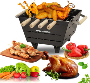 WELLBERG Portable Coal BBQ Griller | Heavy-Duty Iron | 4 Skewers