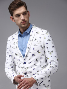 Men's White Printed Single Breasted Blazers