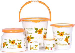 cello Cello Blossom 5 Piece Small Plastic Bathroom set, Pack of 5, Orange 15 L Plastic Bucket ...