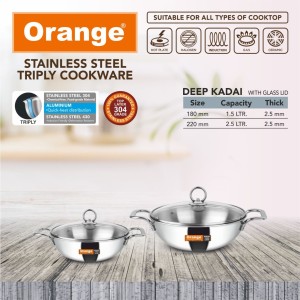 Orange Orange Stainless Steel Triply Kadai Set Induction Bottom