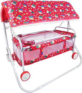 Red Baby Cradle Baby Jhula with Mosquito Net – Checker & Cartoon Print