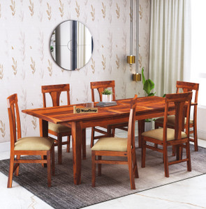 WOODSTAGE Sheesham Wood 6 Seater Extendable Dining Set with Cushion ...
