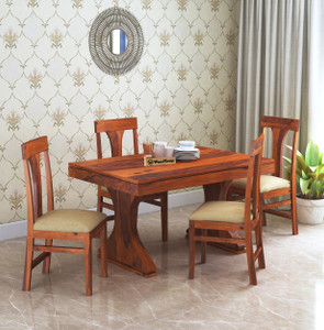 WOODSTAGE Sheesham Wood 4 Seater Dining Table with Cushioned Chairs ...