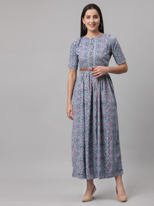 AAYU Women Fit and Flare White & Blue Dress