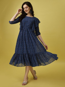 Fashion2wear Women A-line Dark Blue, Gold, Blue Dress - Buy