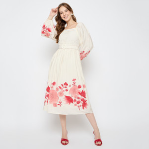MADAME Women Fit and Flare Beige Midi Dress - Image 6