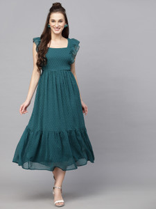 AAYU Women Fit and Flare Sage Green color Dress