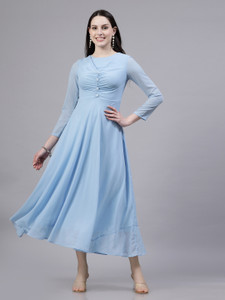 AAYU Women Fit & Flare White & Blue Printed Dress