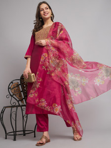 VredeVogel Damen Kurta Set Aus Seidenmischung – Besticktes Kurta Mit Hose & Dupatta Für Festliche Anlässe