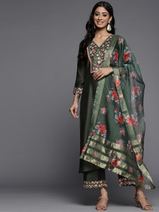 Indo Era Sea Green Solid Straight Kurta Palazzo With Dupatta Set
