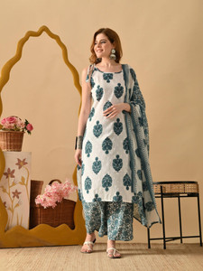 flamingo blue Women Kurta Palazzo Dupatta Set Blue - Image 6