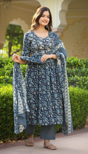 KLOSIA Anarkali Kurta Set Blau - Bedrucktes Kleid Mit Hose & Dupatta