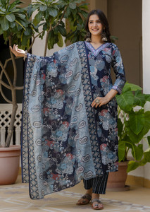 KLOSIA Damen Bedrucktes Kurta Und Hose Set Mit Dupatta - Anarkali Stil In Kastanienbraun