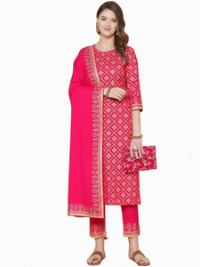 GoSriKi Damen Kurta Set - Baumwolle Mit Hose & Dupatta In Rosa