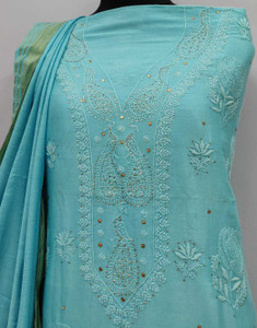 Lucknowi Handcrafted Chanderi Silk Unstitched Chikankari Unisex Kurta Fabric  -  HONC0330186