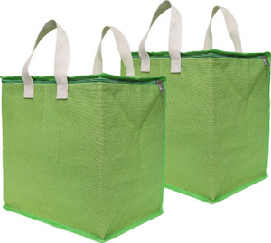Double R Bags Eco-Friendly Jute Grocery Bags - Pack Of 2, Reinforced Handles, Laminated Interior (Green)