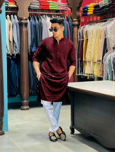 Shopsy KURTAFORMEN Men Chikan Embroidery Straight Kurta - Image 1
