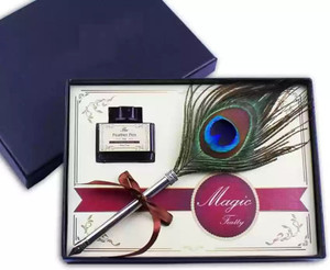 DEZIINE Vintage Peacock Feather Pen Set Writing Quill Ink Dip Pen and 5 ...