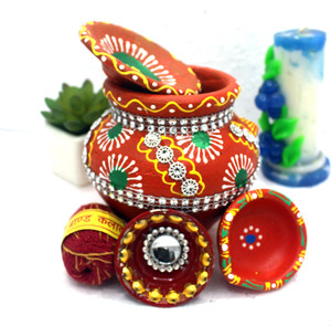 Traditional Handpainted Clay Karwa Chauth Pooja Kalash 47