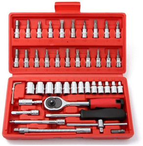 FLZOSPER 46-Piece 1/4" Drive Socket & Bit Set – 45-Tooth Reversible Ratchet, Chrome Vanadium Steel, Includes Metric Sockets, Bits, Extensions, T-Bar, Storage Case