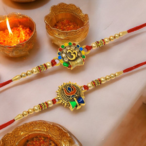 Gold Plated Diamond Rakhi With Roli Chawal & Greeting Card - Traditional Raksha Bandhan Gift Set For Brothers