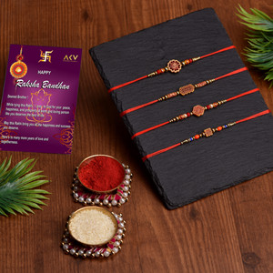 SKYTRENDS Gold Plated Rakhi For Brother With Diamond Design – Combo Pack Of 2 Rakhis, Greeting Card & Roli Chawal (PK-02)
