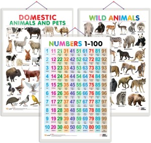 Set of 3 Domestic Animals and Pets, Wild Animals and Numbers 1-100 Early  Learning Educational Charts for Kids | 20
