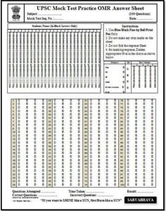 UPSC Mock Test Practice OMR Answer Sheet (101) EACH Of 100 QUESTIONS