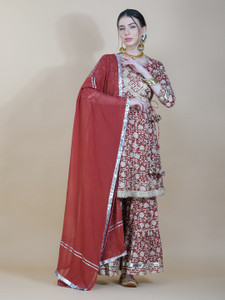 Cream Printed Printed Lace A-Line Kurta, Sharara And Dupatta Set