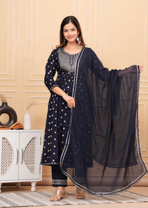 The Mastani Blue Ethnic Motif Printed Viscose Kurta Palazzo And Dupatta With Doris & Thread Work