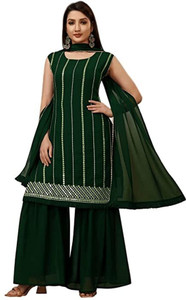 Green Schffli Kurta, Sharara and Dupatta Set main image 1
