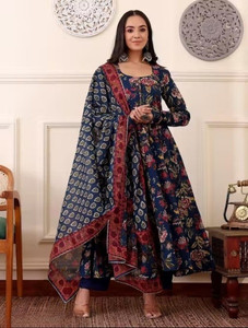 Aashita Creations Women Gold Printed Anarkali Kurta with Dupatta Set