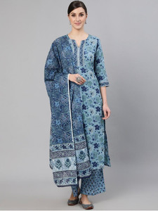 Babyhug 100% Cotton Full Sleeves Kurti & Palazzo With Dupatta Floral Print & Embroidery- Indigo