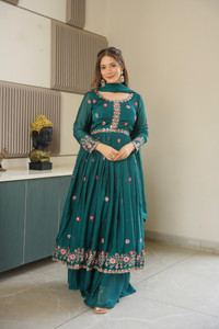 Teal Embroidered Anarkali Kurta with Dupatta