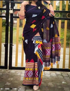 Buy Sretan Woven Mekhela Chador Cotton Blend Black Sarees Online @ Best