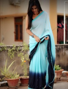 Readymade Collection Plain Chiffon Teal Blue Party Wear Saree