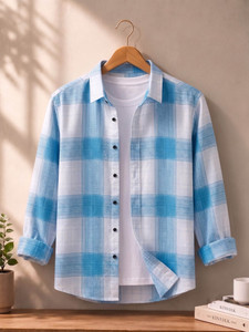 Shopsy ZONANZA Men Checkered Casual White, Blue Shirt - Image 1