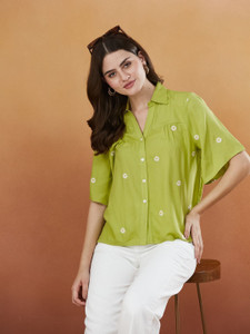 SHISHIKUI BLT GREEN シシクイ ロンT Tシャツ グリーン J TURRITOPSIS Women Embroidered Casual Green Shirt - Buy J