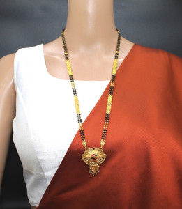 TraditionaL One Gram Gold Plated 30 Inch Long Black Beads Golden