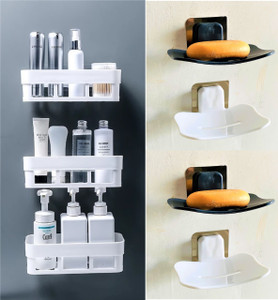 Zenvio 3 Bathroom Wall Shelves + 4 Soap Stand Home Kitchen Bathroom ...