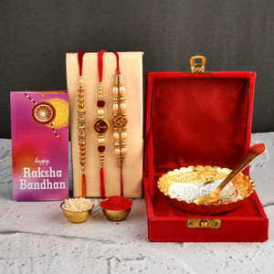 Yalambar Rakhi Gift Set For Brother - Rakshabandhan Combo With Brass Bowl, 3 Rakhis, Tilak, Greeting Card In Velvet Box