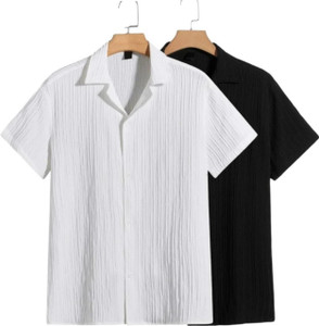 VRLOOKS Men Self Design Casual Black, White Shirt - Image 2