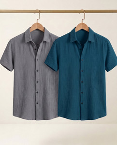 TIGERSNAKE Men Self Design Casual Grey, Dark Blue Shirt - Image 3