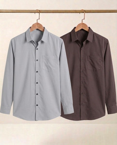 TIGERSNAKE Men Solid Casual Grey, Brown Shirt - Image 3