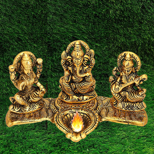 Statua Decorativa Laxmi Ganesha Con Diya, In Metallo Dorato, Altezza 10,2 Cm, Per Puja E Regalo - 2