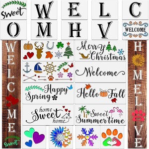 Style 2 24 PCS Welcome Stencil for Painting on Wood,Home Sign Stencils Reusable Porch Sign and Front Door Vertical Welcome Comes with Stencil-Sunflower,Dog Paw Stencil and orther Pattern 