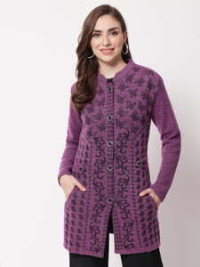DRESSOFY Embroidered Collared Neck Casual Women Purple Sweater