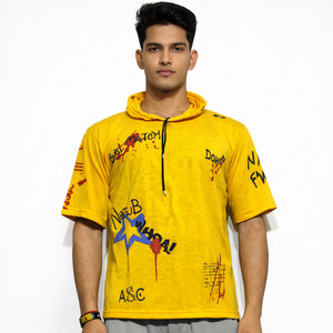 SM SHAYAM CREATION Printed, Typography Men Hooded Neck Yellow T