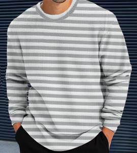 Men's Grey Striped Round Neck Pullover